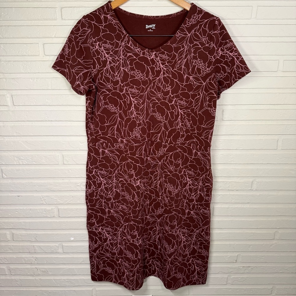 Duluth Trading Co Maroon Floral Cotton Dress with Pockets, Women’s Size Small